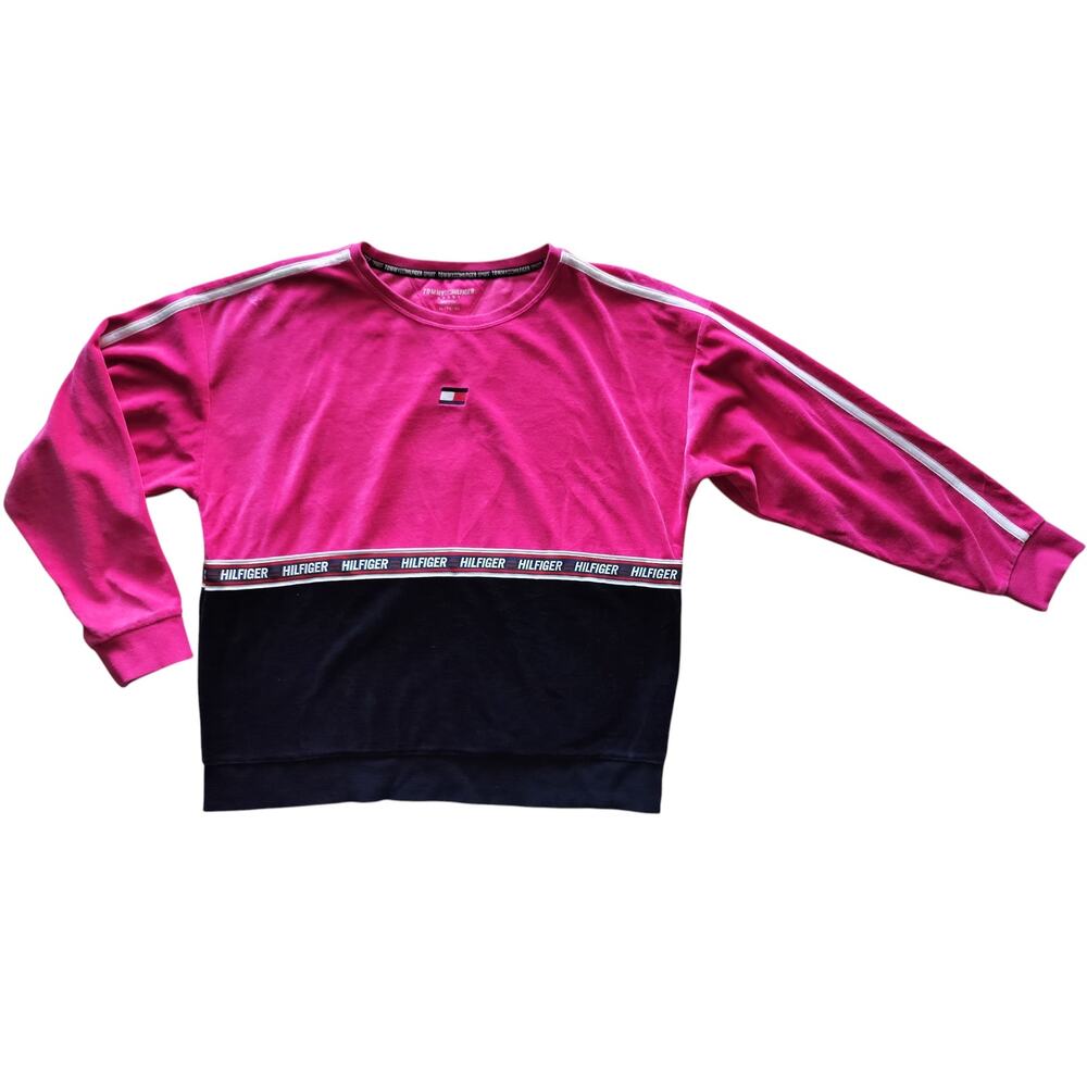 Tommy Hilfiger Women's Hot Pink Navy Blue Pullover Velour Sweatshirt Size XL